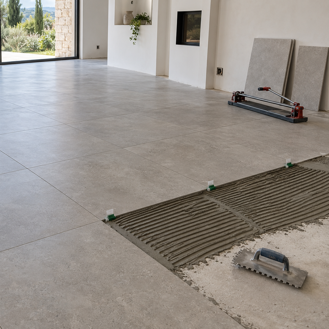 Pose de carrelage en cours : carreaux grand format, colle peignée, croisillons et coupeuse