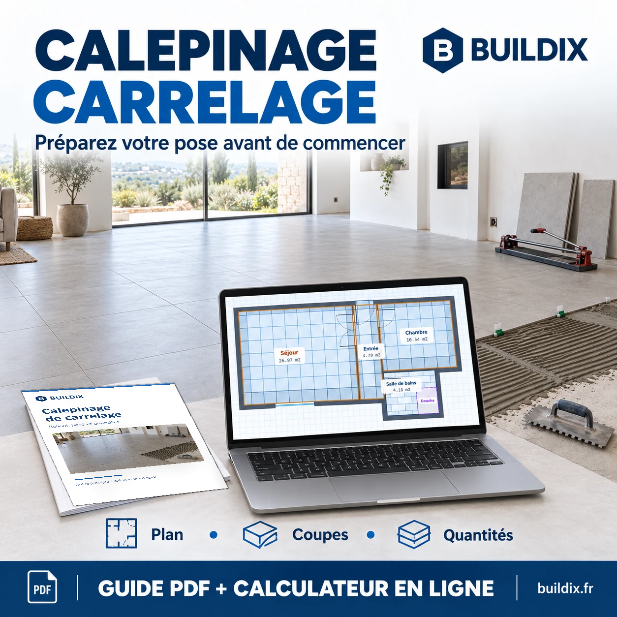 Calepinage de carrelage : le calculateur Buildix et le guide PDF, sur un chantier de pose