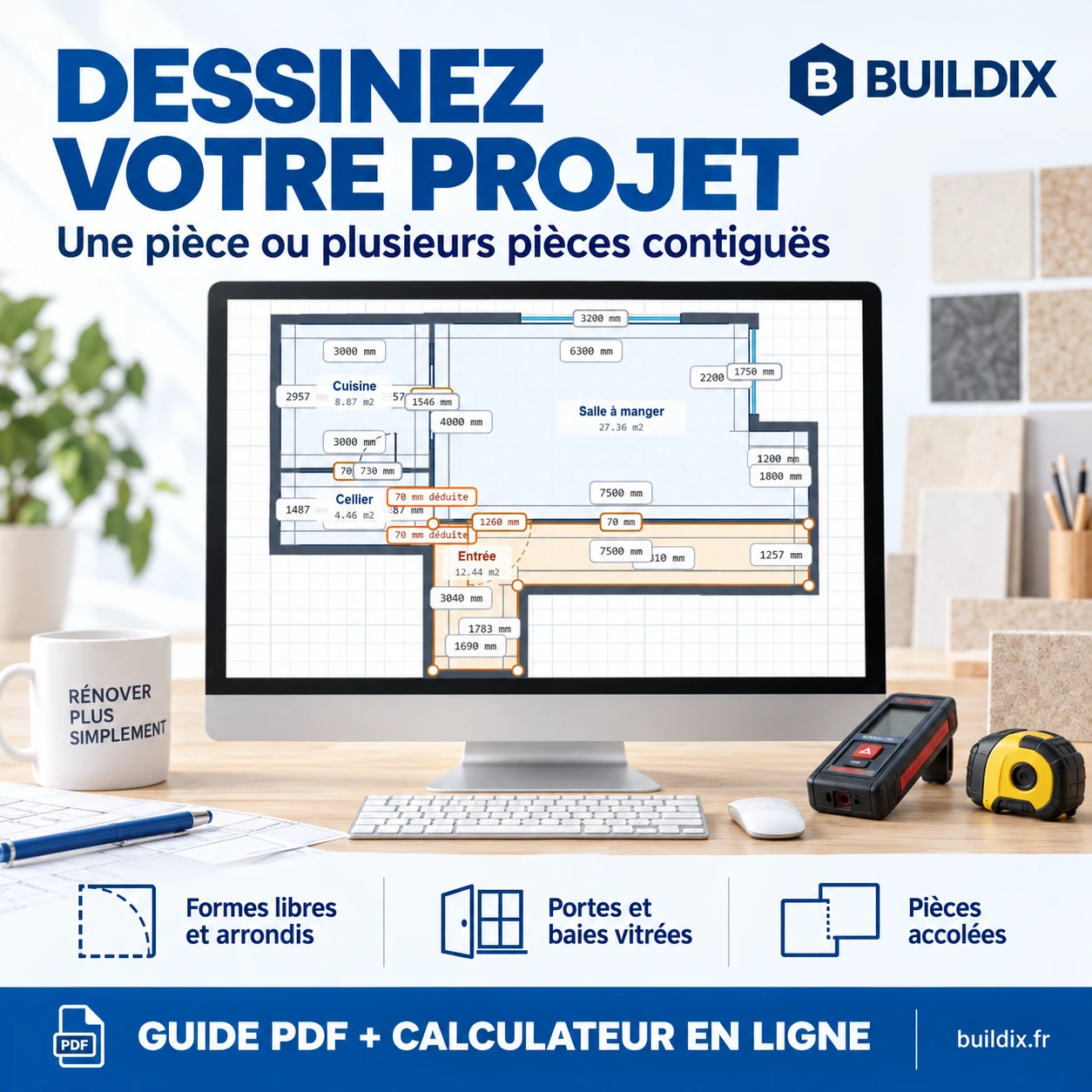Le relevé dessiné dans le calculateur : pièces accolées, cotes intérieures, portes et baies
