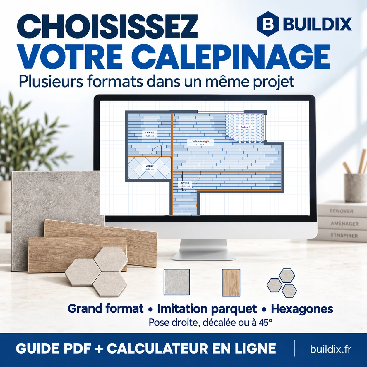 Plusieurs carrelages dans un même projet : lames imitation parquet, hexagones et 60 x 60 posé à 45 degrés
